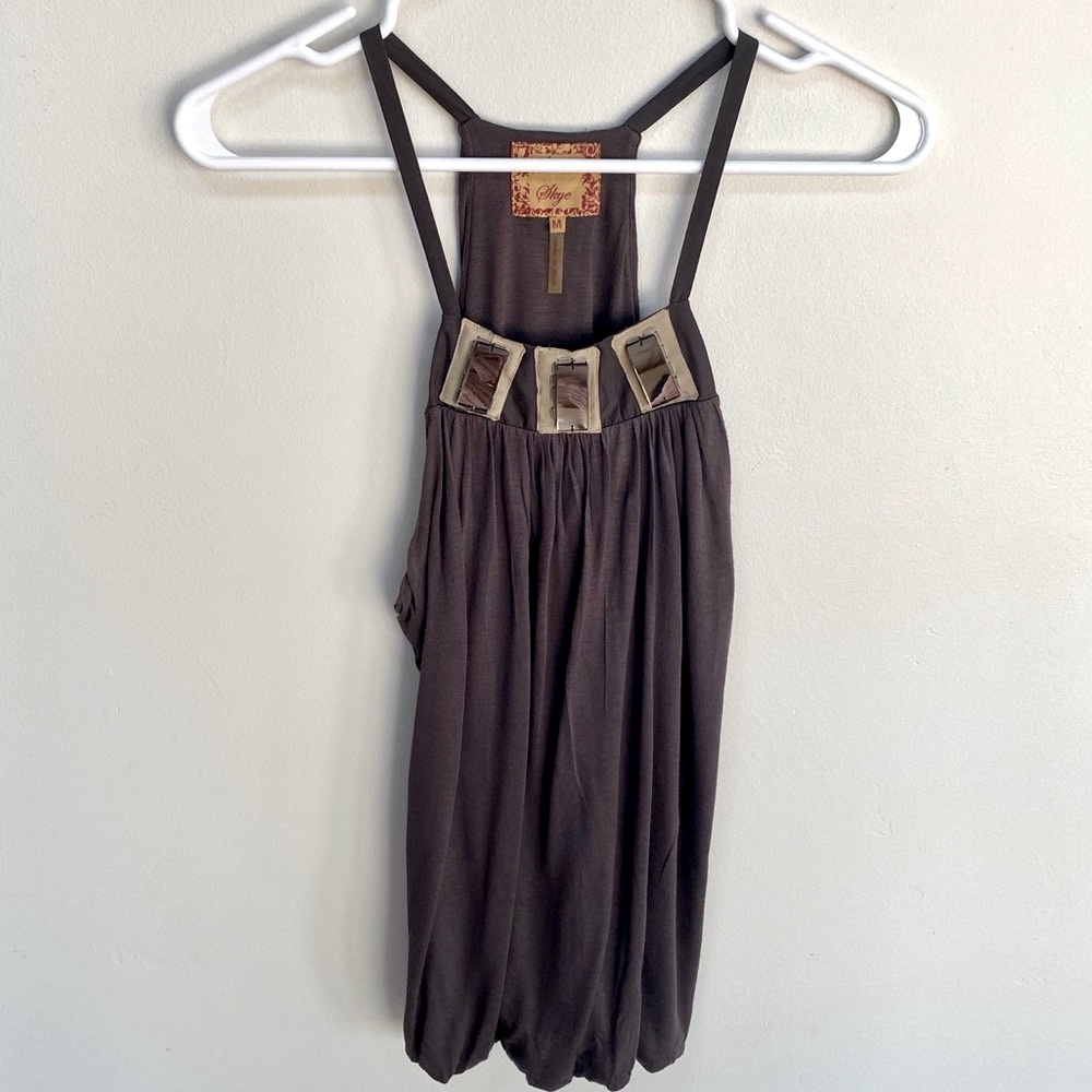 Brown sleeveless top with 3 mirrored stones. Sz M